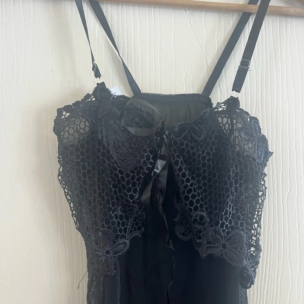 VTG Y2K Black Babydoll Lace WhimsyGoth Coquette Romantic Slip Chemise Dress - Picture 2 of 6